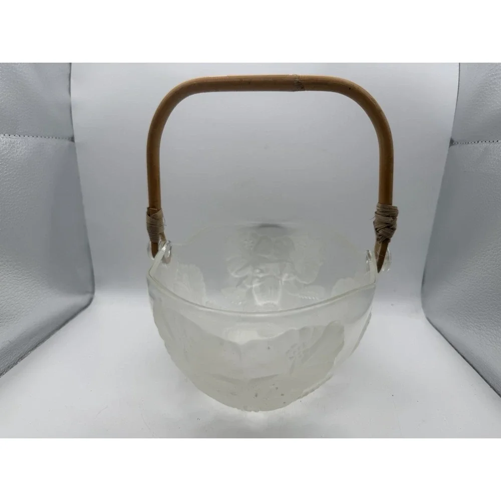 Vintage Aderia Etched Glass Large Bowl Floral Design Bamboo Handles